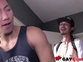 Tattooed Asian guy eagerly gives deepthroat to a hairy cock