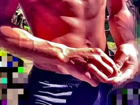 Solo session with a Japanese fire fighter showcasing his muscular physique and nipple play