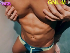 Hunky Asian with chiseled abs and big pecs in gay muscle worship video