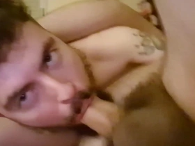 Young man receives a hairy bear's uncut cock in a deepthroat blowjob until he cums